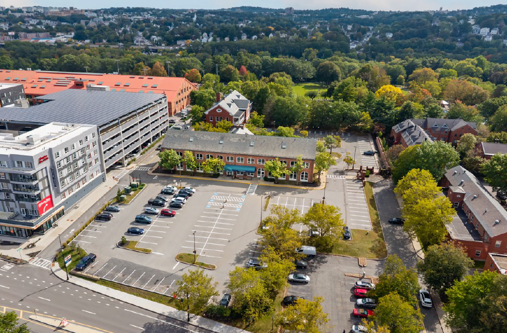 aerial view of 485 Arsenal St. with the Charles River in the background
