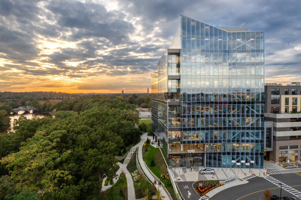 A view of 100 Forge looking west at sunset