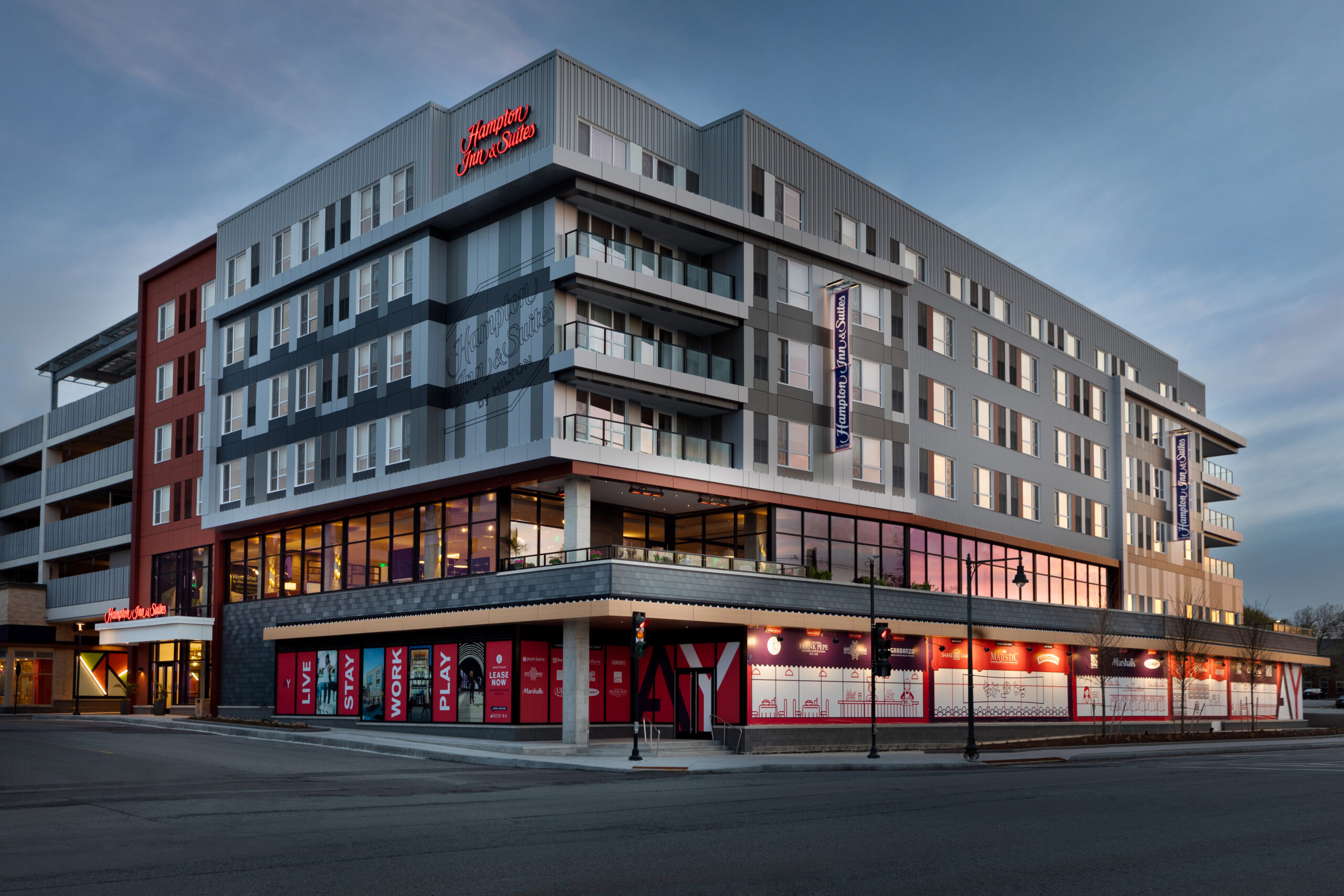 Exterior of Hampton Inn at Arsenal Yards in Watertown, MA