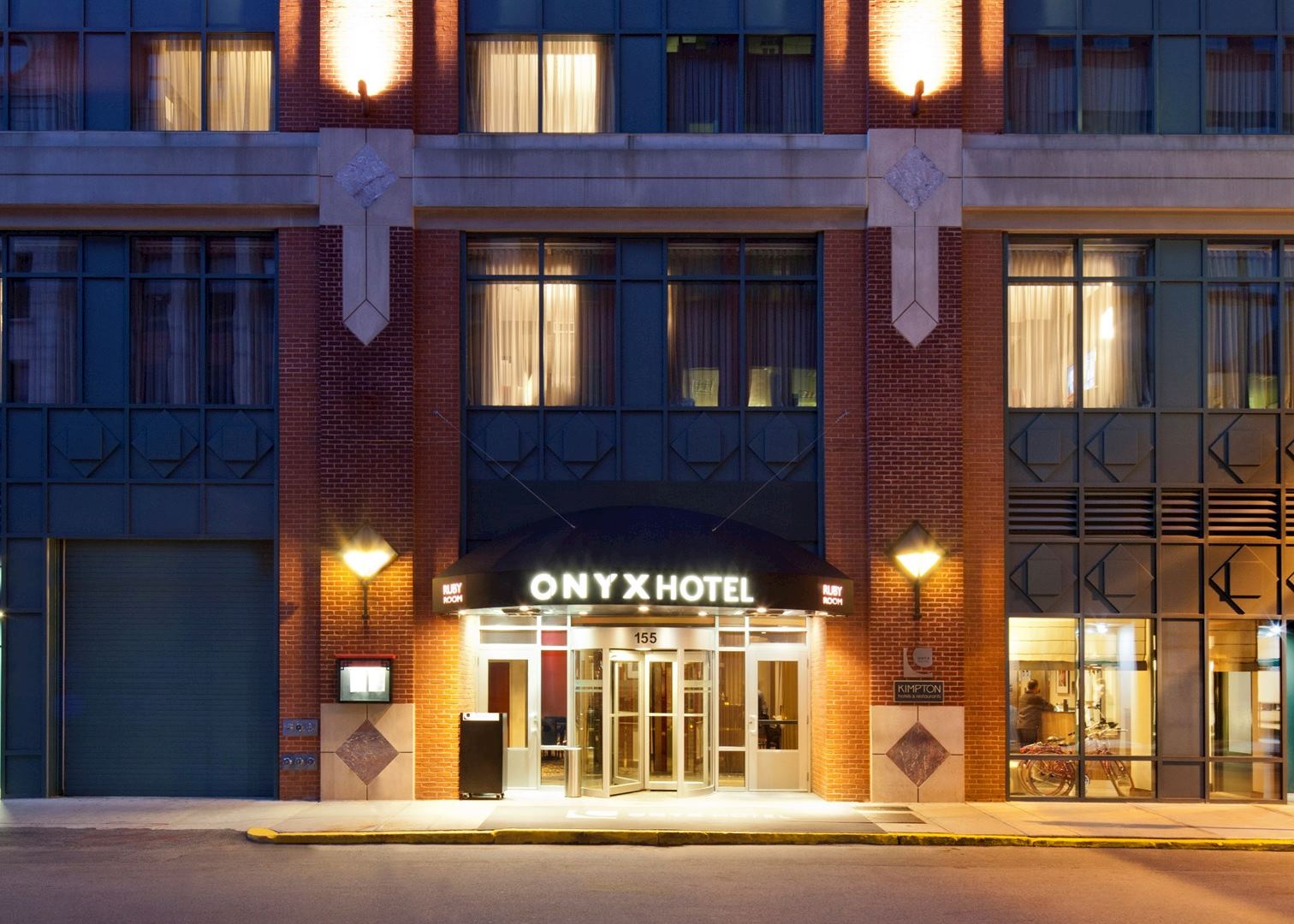 Entrance to the onyx hotel in Boston ma shown at night