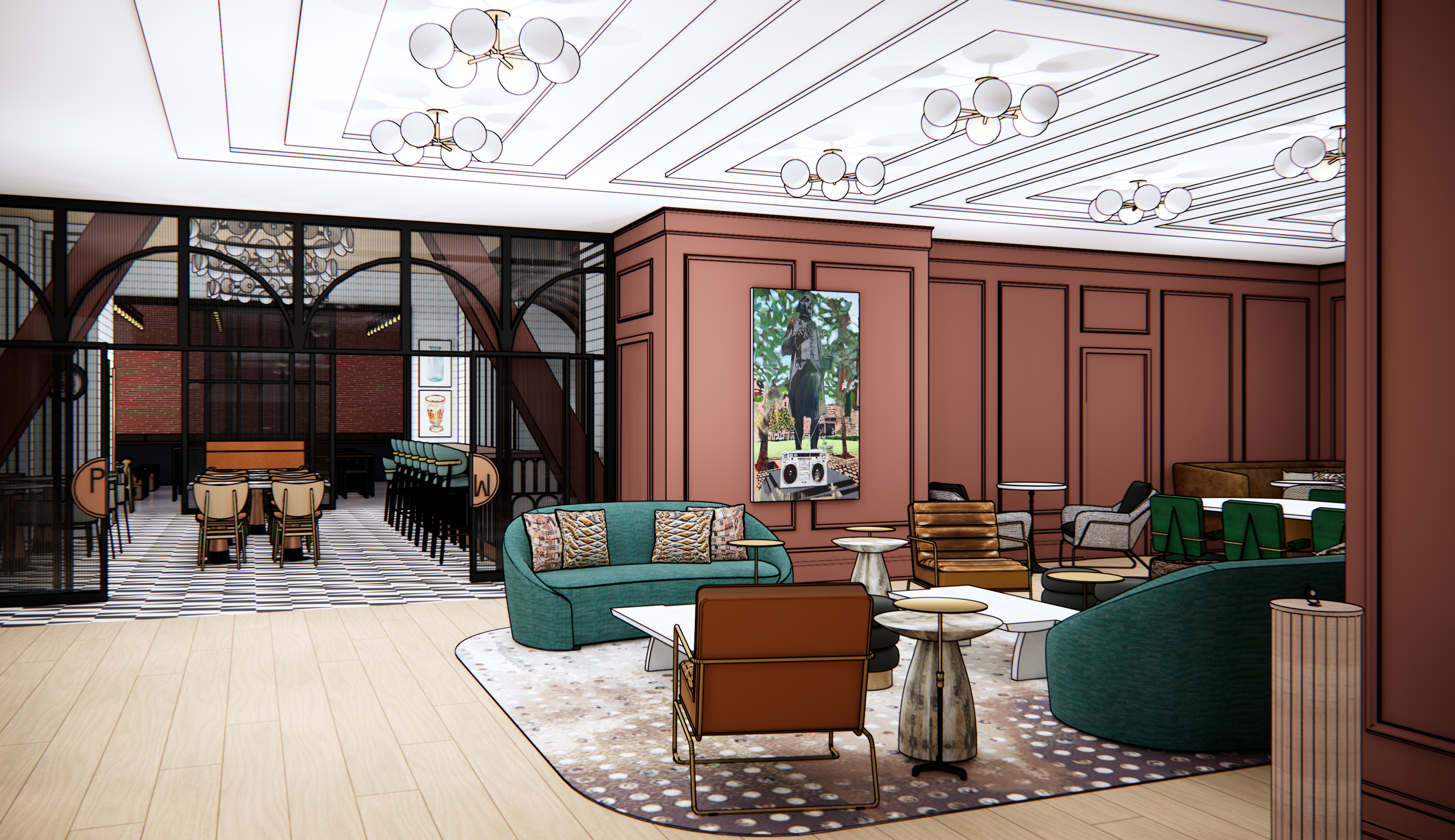 a rendering of the new pennyweight hotel lobby and bar