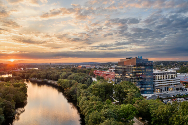 A view of Arsenal Yards and the Charles River looking west