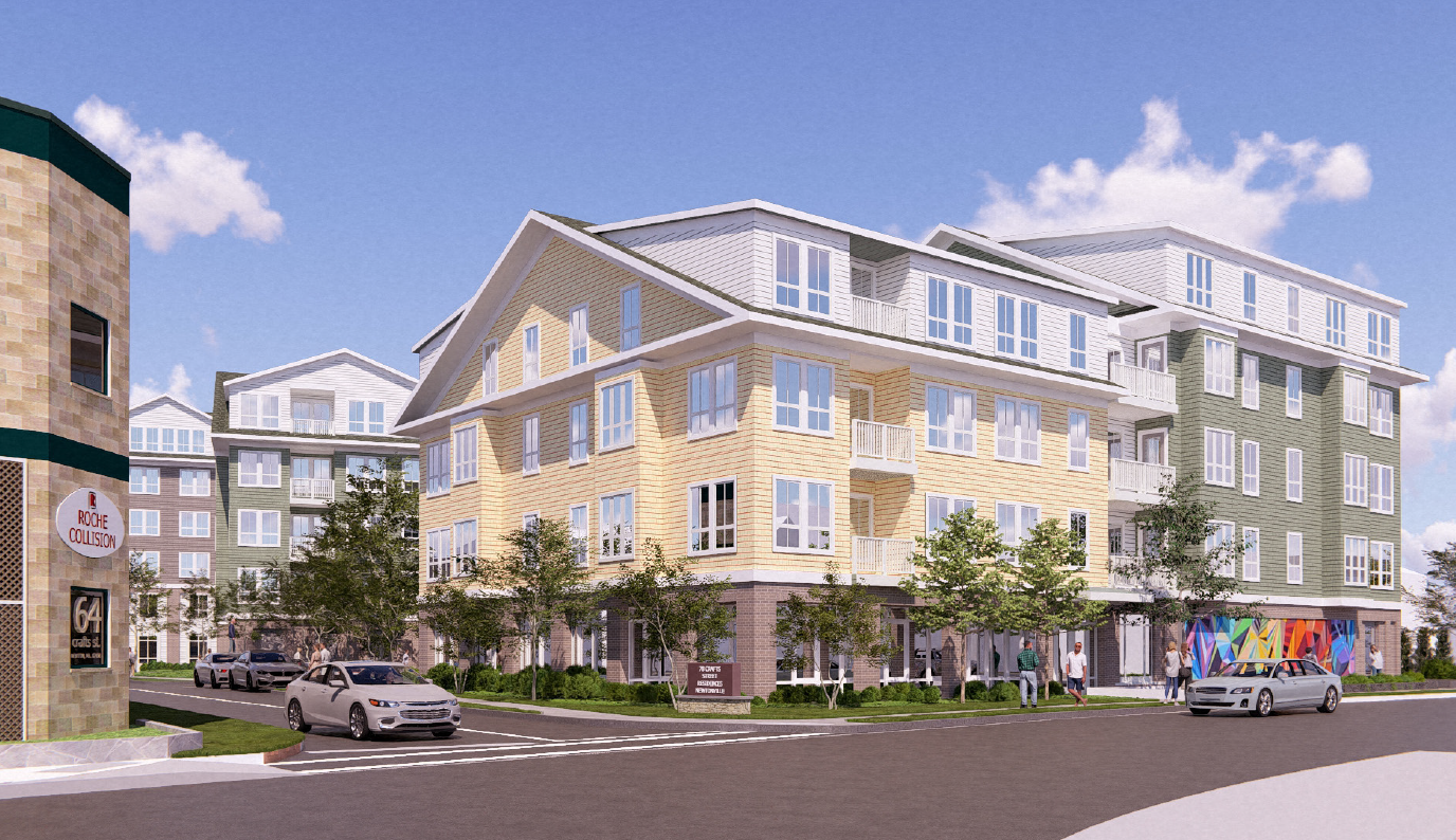 A rendering of the exterior of 78 Crafts. St in Newton, a proposed multifamily development.