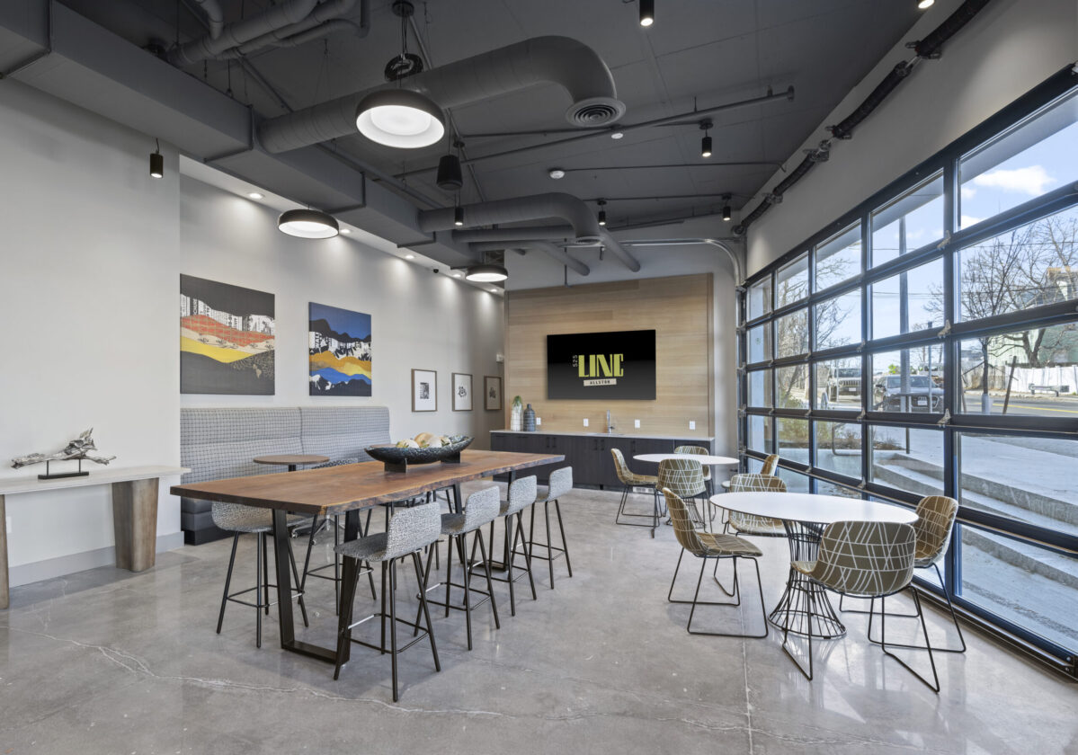 Common amenity space at 525 LINC, a coliving building in Allston