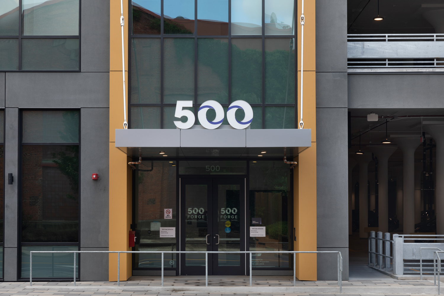 an image of the west entrance of 500 Forge, zoomed in on the entry way