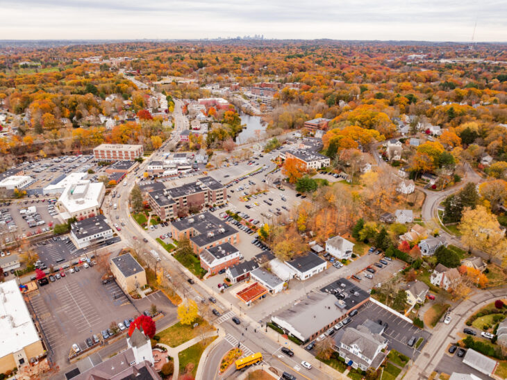 an aerial view of 30-44 Washington St in Wellesley, looking east towards Boston