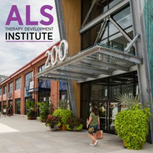 A picture of the exterior of 200 Arsenal Yards Blvd with an ALS Therapy Development Institute logo superimposed